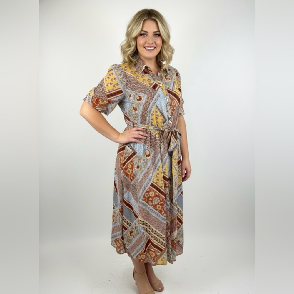 Patchwork Print Midi Dress - image 1